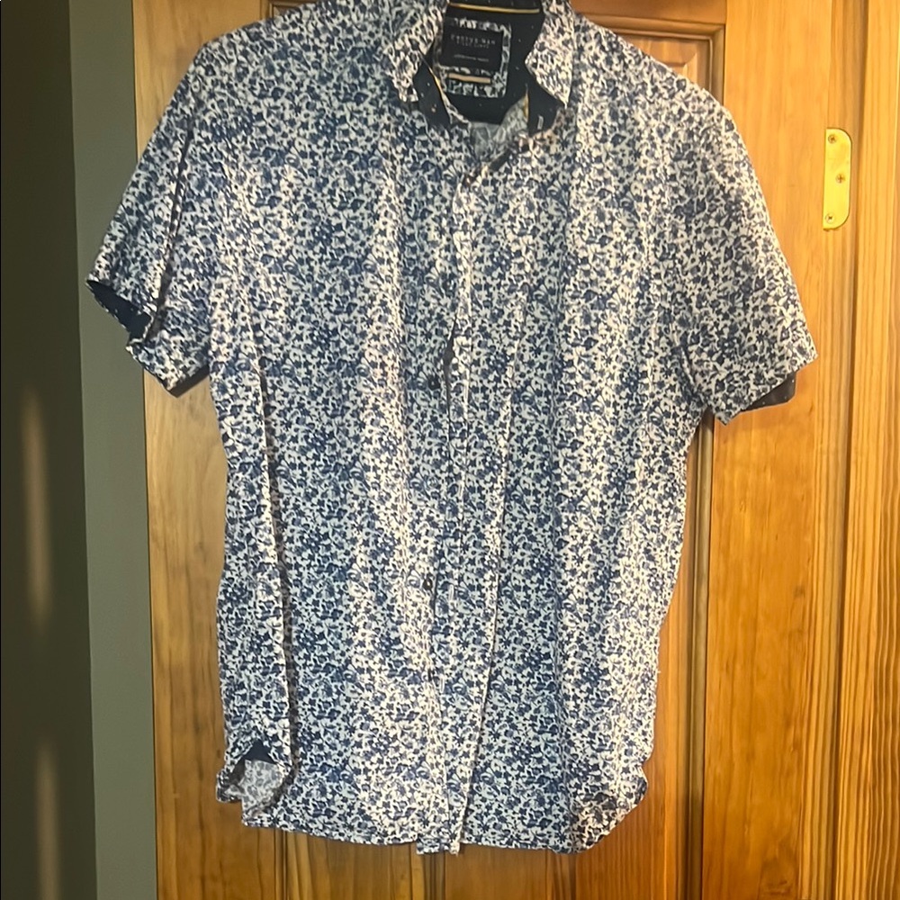 Cactus man denim and flower  Men's Navy and White Patterned Button Down Shirt